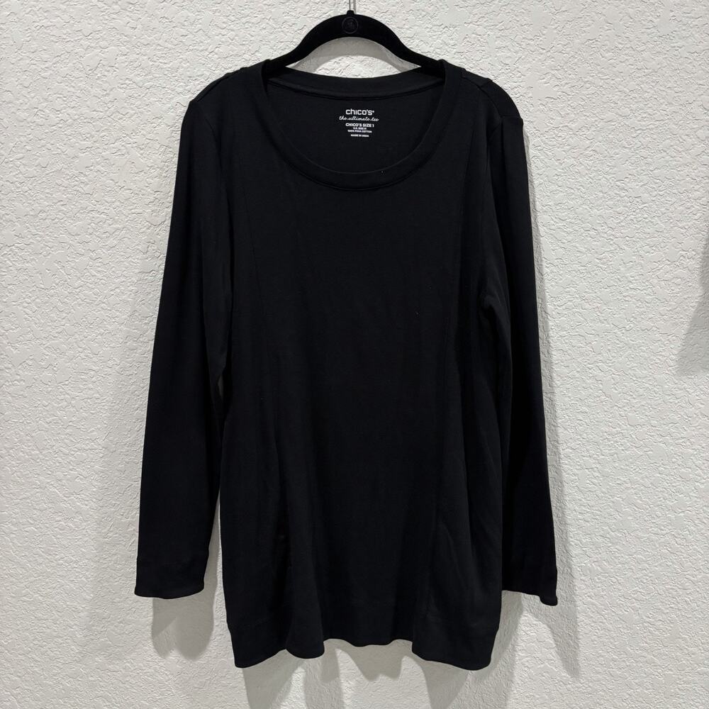 Chicos Ultimate Tee Size 1 M Black Pima Cotton Long Sleeve Knit Top